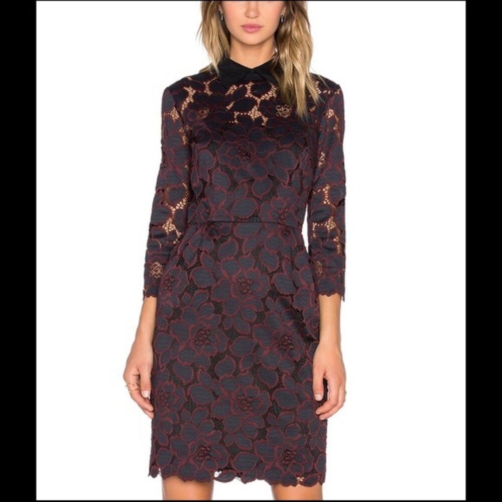 Trina Turk Silk Black Collar Burgundy Floral Lace Overlay Mini Dress 10 NWT
